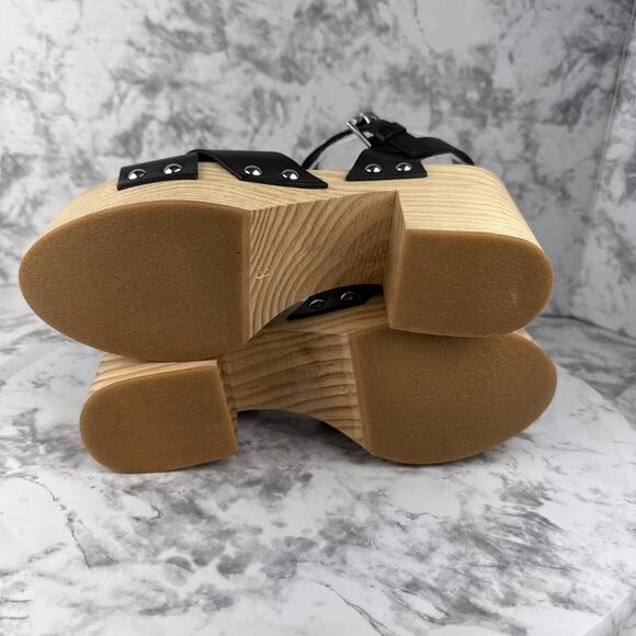 Intentionally Black Womens Twin Clog Platform Sandal Size 8 Black Leather Wood - Picture 6 of 8